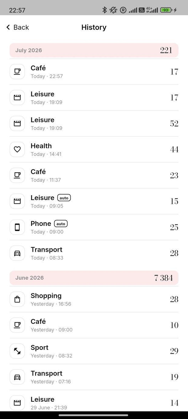 Spendr history screen