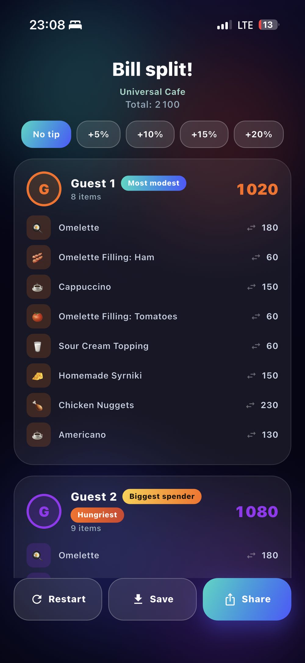 Bill split summary with tip